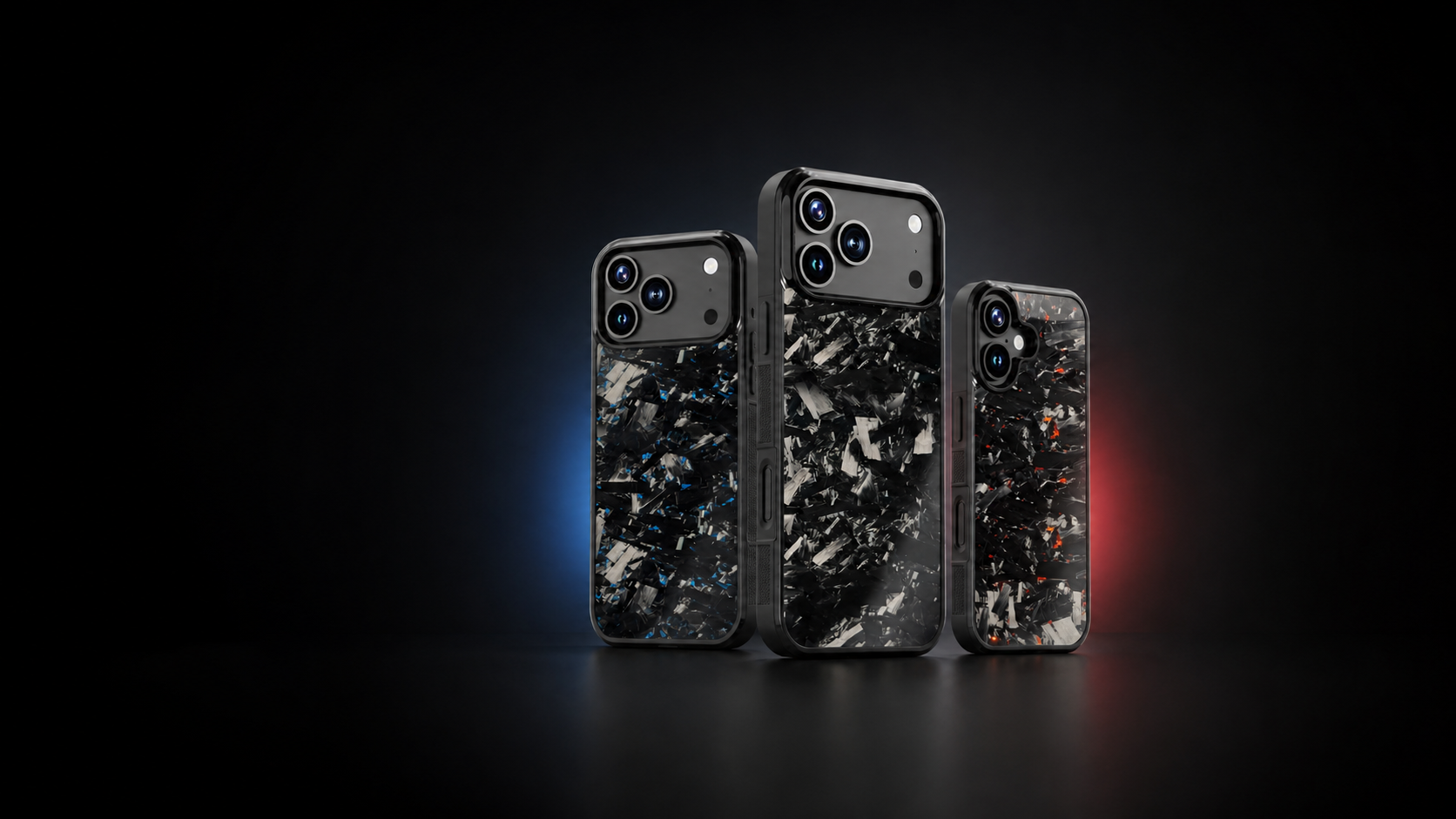 Molzar Grip Series carbon fiber cases in black, blue, and red